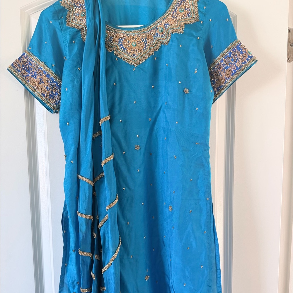 Blue embroidered Pakistani churidaar outfit